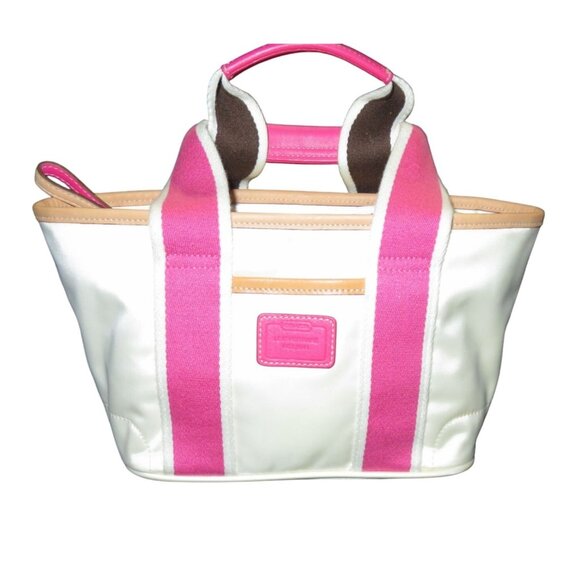 COACH 2004 Hampton Mini Weekender White silky canvas tote & pink leather trim [ - Picture 1 of 12